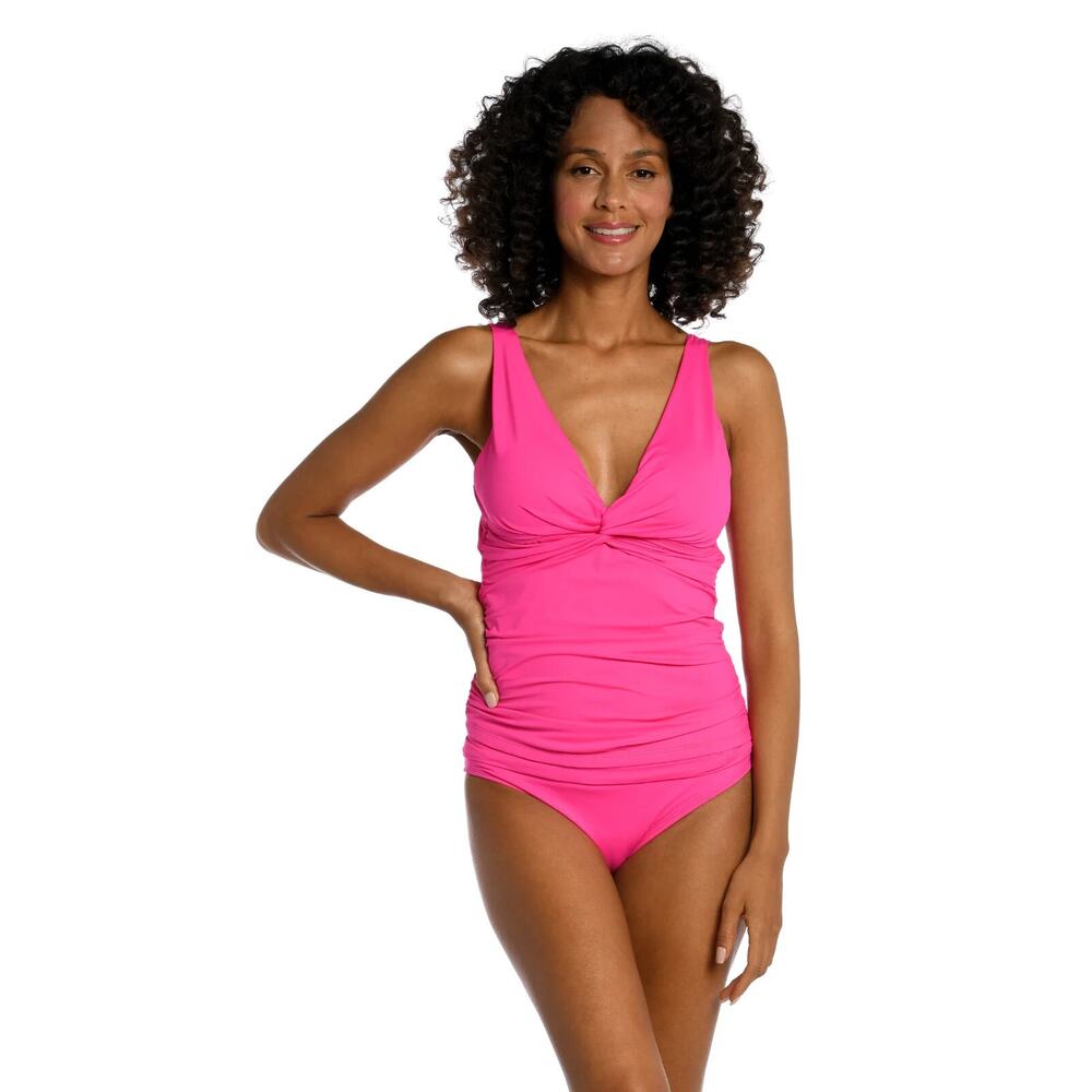 La Blanca Island Goddess Twist Tie Back Tankini Top Tummy Control Pop Pink 6 NWT